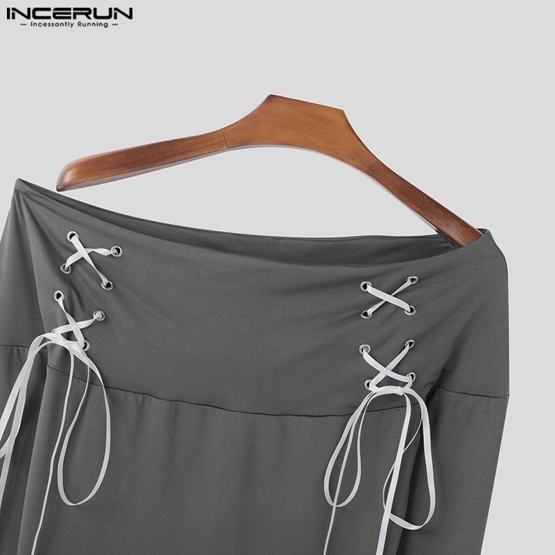 INCERUN Men Off Shoulder Bandage Lace Up Fitted Long Sleeve Crop Tops