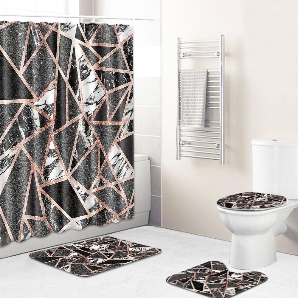 Retro Geometric Bathroom Four-Piece Waterproof Shower Curtain Bedroom Non-Slip Carpet Floor Mat Door Mat