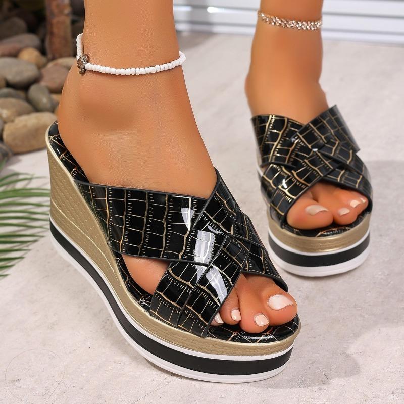 Fashion High Heel Slippers Summer New Round Head Open Toe Cross with Waterproof Platform Anti-slip Wear-resistant Wedge Heels