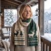 Decorative Festive Winter Scarf Knitted for Women, Reversible Fair Isle Snowflake Reindeer Thermal Wind Resistant Scarf, Soft Warm Long Wrap Christmas