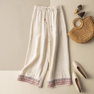 Women's Summer Cotton and Linen Embroidery Loose Straight Leg Pants High Waist Design Falling Casual Pants