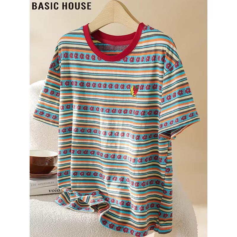 Basic House Retro Striped Fruit Embroidered Short Sleeve T-Shirt M