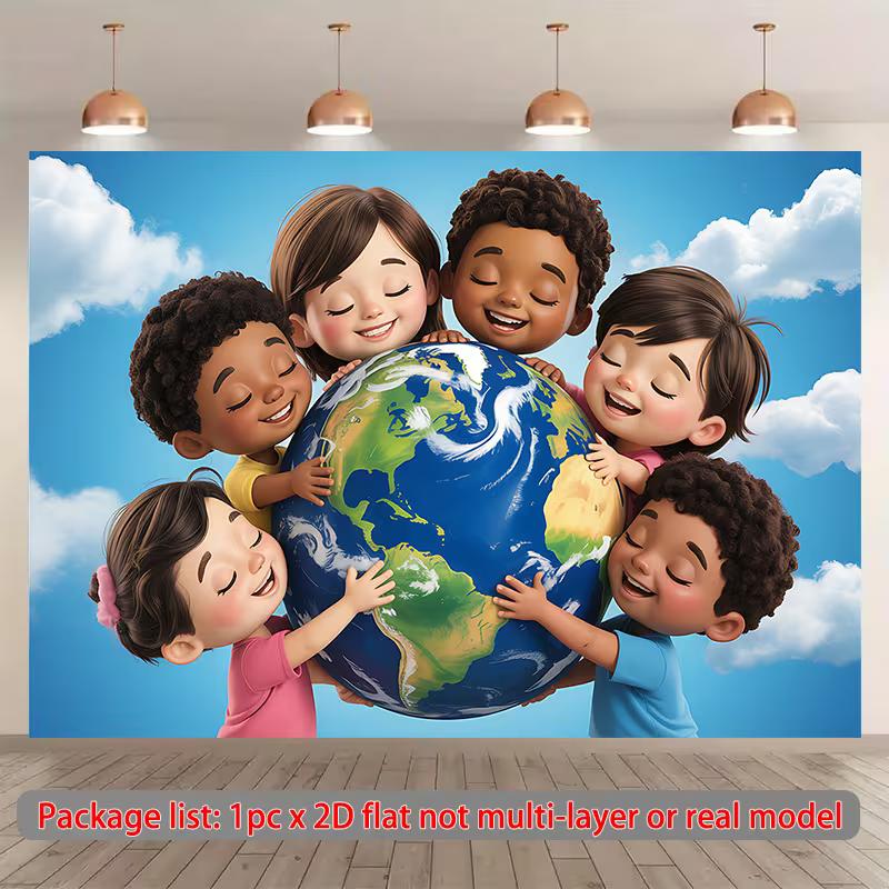 2D Earth Day Backdrop, Multicultural Kids Hugging Earth Photography Background for Classroom 47.2x31.5inch/120*80cm