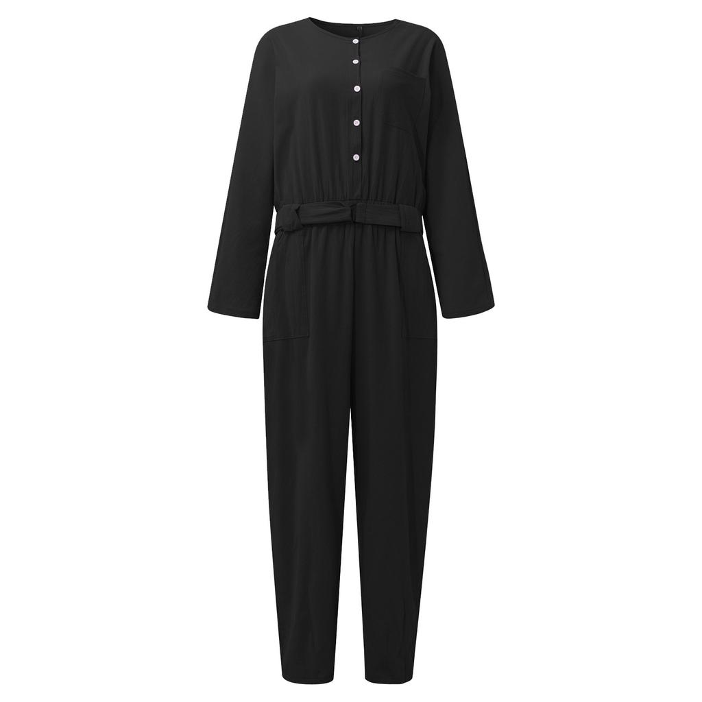 Damen Mode Retro Casual Lose Einfarbig Baumwolle Leinen Revers Gürtel Cargo Overall