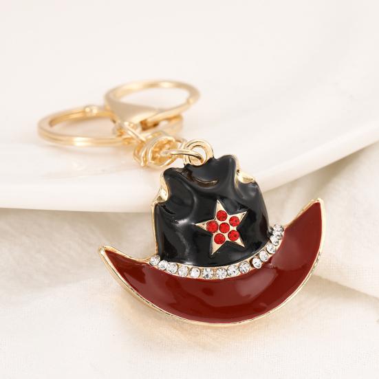 Keychain Pendant Sparkling Rhinestones Five-Pointed Star Pattern Western Style Cowboy Hat Design Key Chain with Lobster Clasp Backpacks Accessory