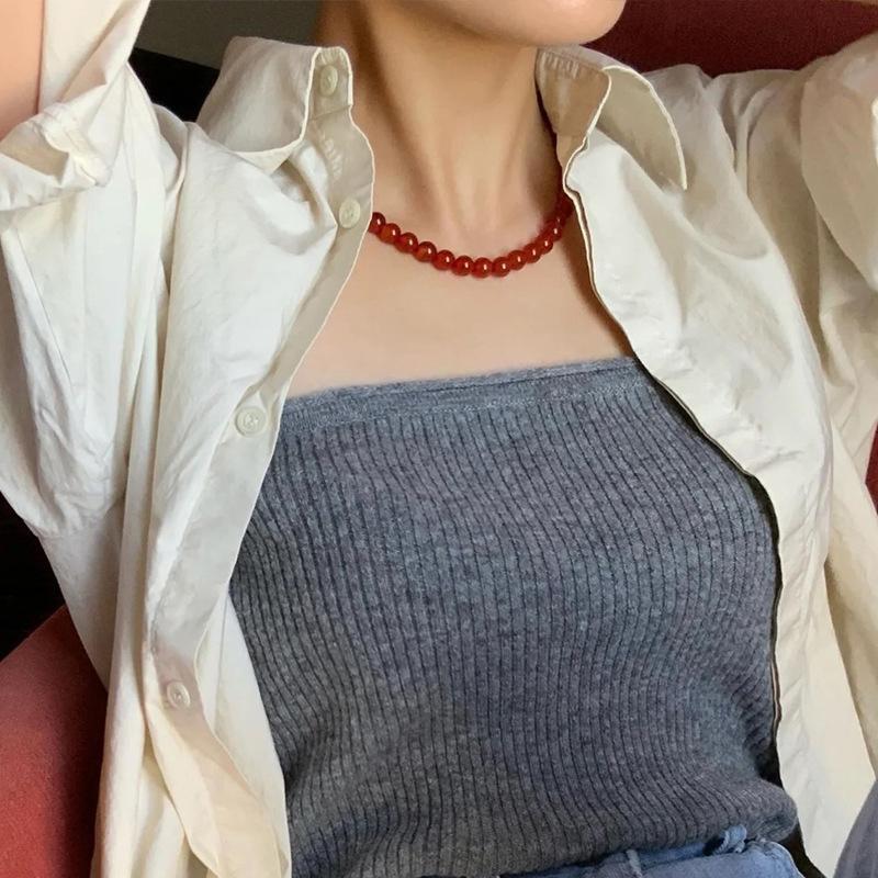 Colliers exquis en perles rondes d'agate rouge naturelle pour femmes et filles, chaîne claviculaire légère et luxueuse, accessoire de bijouterie