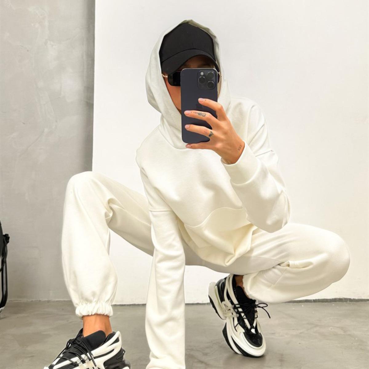 

Женский однотонный костюм с капюшоном и длинным рукавом, свободный топ, широкие брюки, осень-зима L белый