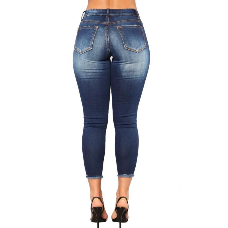 Yüksek Belli Esnek Yırtık 9/10 Boy Skinny Jean Kadın Dar Kesim Popo Kaldıran Açık Yıkama Kot