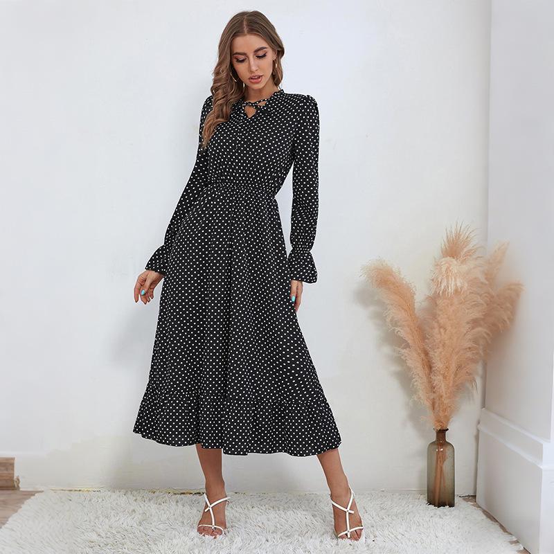 Tiktok 2025 Retro Polka Dot Long Sleeve Ruffle Dress