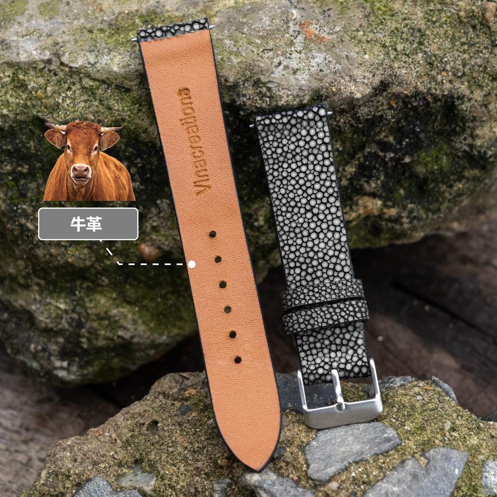 [vinacreations] 22mm Black Galuchat Watch Strap, Stingray Leather Replacement Watch Band, Flat and Thin Strap, Stingray Leather Strap with Wrist Buckl