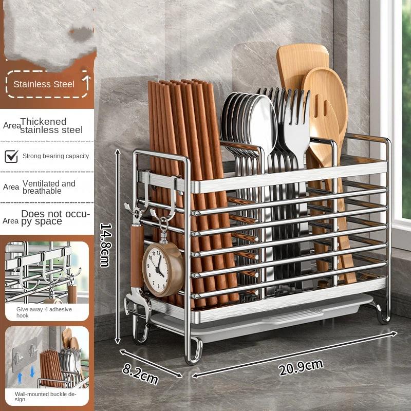 Chopsticks Holder Wall-mounted 304 Stainless Steel Kitchen Chopsticks Cage Desktop Chopsticks Bucket Mold-proof Draining Storage Chopsticks Basket