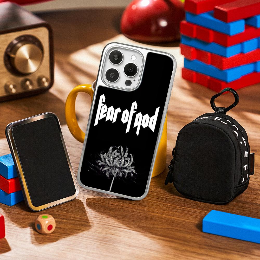 

Fear god Stylish text design Phone Case for iPhone 16 15 14 13 12 11 Pro Max Sheepskin Silver-edged protective case iPhone16Pro