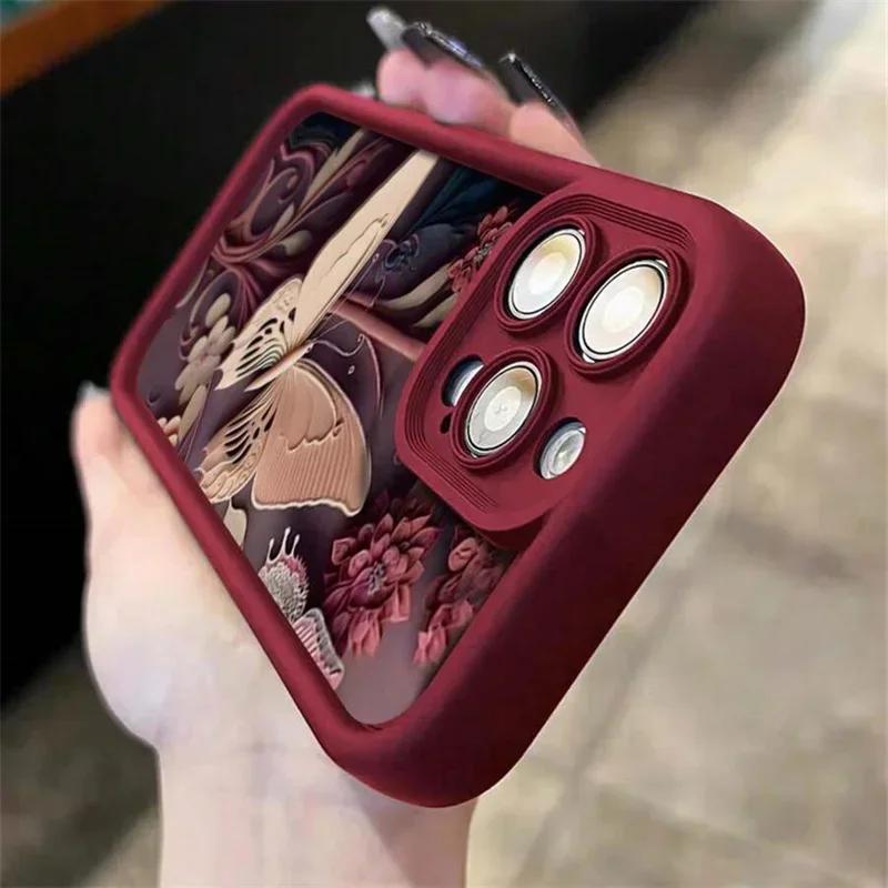 Butterfly Maroon Soft Silicone Grooved Cover For iPhone 15 14 13 12 11 16 Pro Max XS X 7 8 Plus Anti-Fall Protective Phone Case