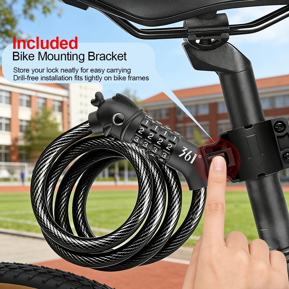 361 Degrees Bike Lock 4 Digit Code Combination Cable Lock Stronger Anti Theft Bike Cable Locks for Bicycle MTB Electric Scooter 4