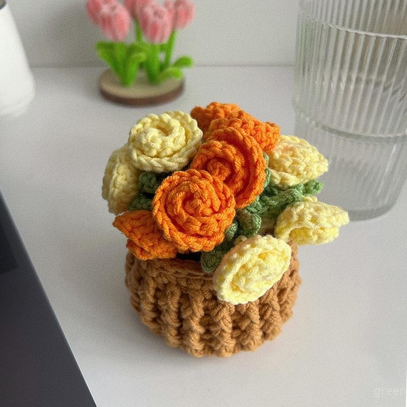 Creative Knitted Coasters Mini Rose Hand-Held Bouquets Placemat Crocheted Rose Coasters Small Flower Potted Desktop Decorations