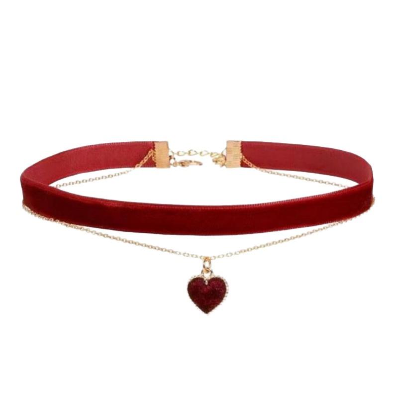 

Double-layer Clavicle Chain Necklace Women s Red Peach Heart Pendant Velvet High-end Neck Strap 1Pcs червоний