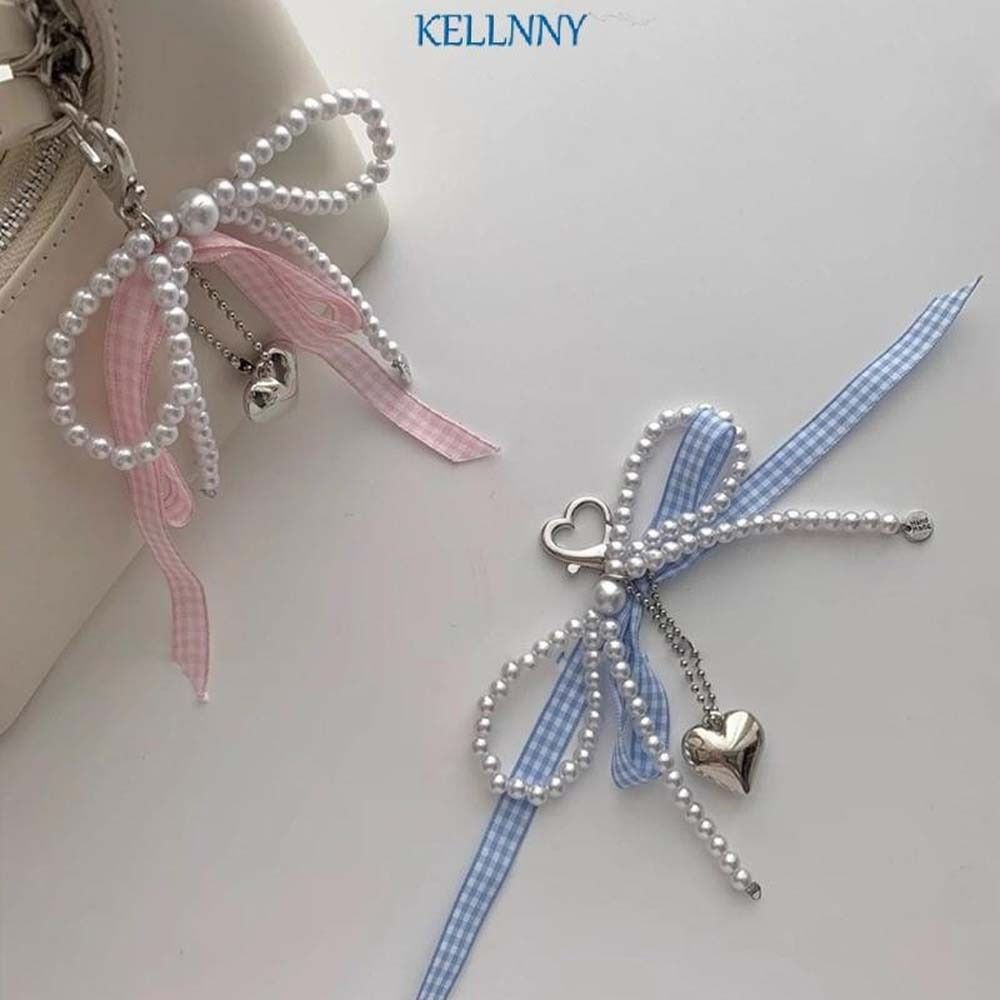 Cartoon Plaid Ribbon Bow Key Chain Pearl Phone Pendant Cute Balletcore Keychain  Bag Hanging