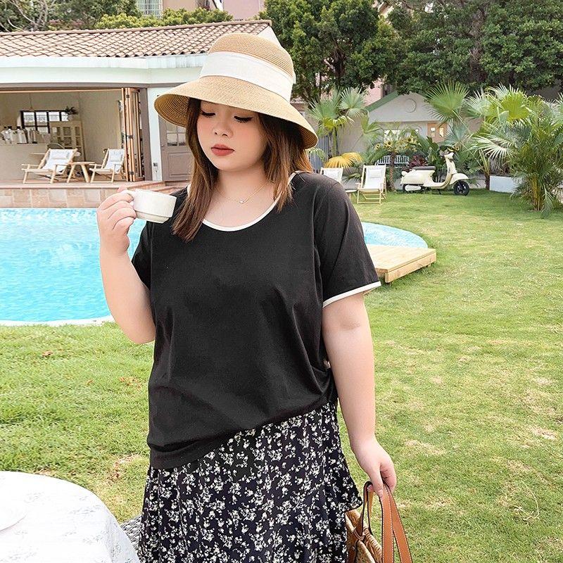 

Discount 20 Yuan] Cool Feeling Ice Porcelain Cotton Contrast Color Binding Square Collar U-Collar 100.00kg Short Sleeve Large Size T-shirt for Women Black U-collar 5XL