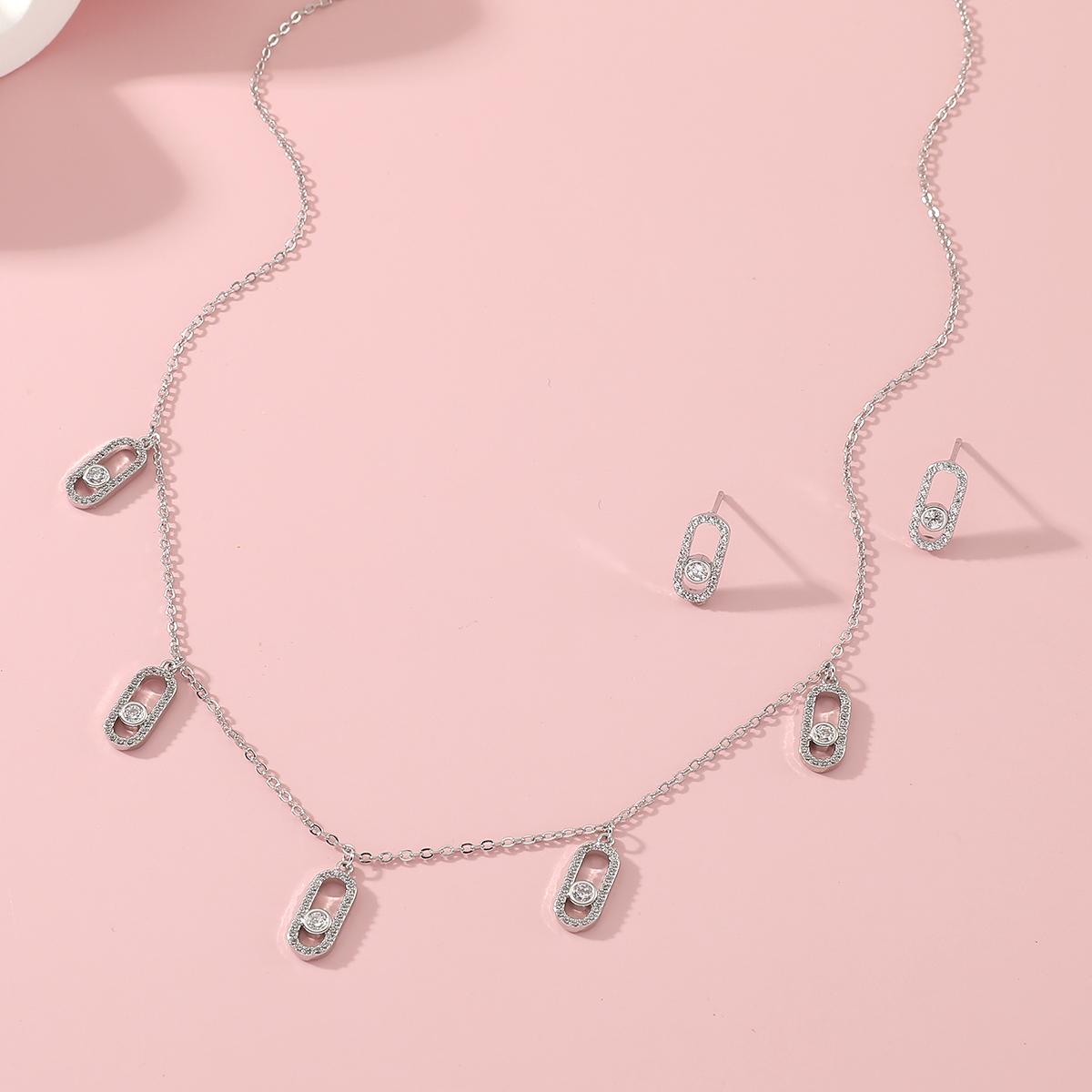 

New Romatic Women Fashion Zircon Necklace Earring Set Geometic Design Luxury Wedding Party Zircon Adjustable Necklace Accessory 40cm