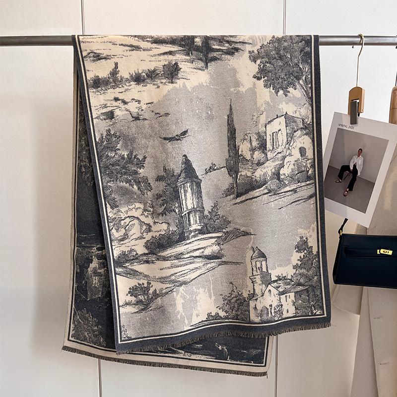 European Retro Oil Painting Landscape Painting Elegant Fashion High Sense Women Imitation Cashmere Warm Scarf