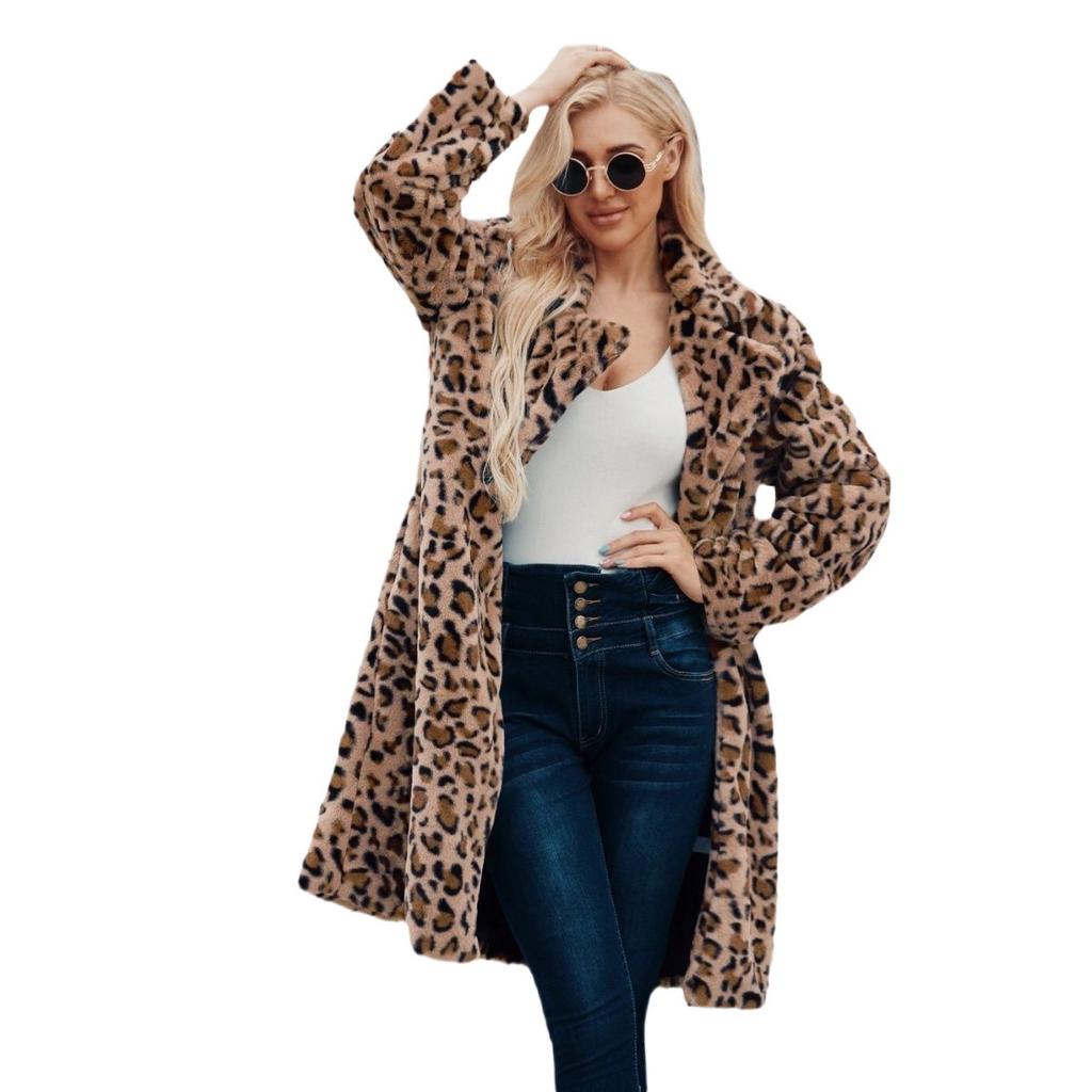 New leopard print imitation fur coat medium and long coat plush trench coat suit collar