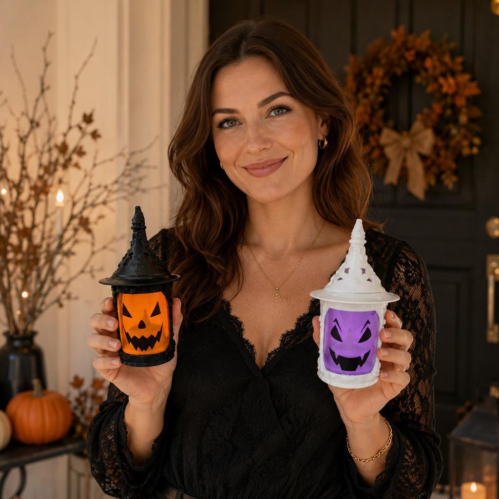 LED Lighted Handheld Lantern Halloween Pumpkin Candle Prop Decorative Lamp for Indoor Outdoor Use with Witch Hat Design