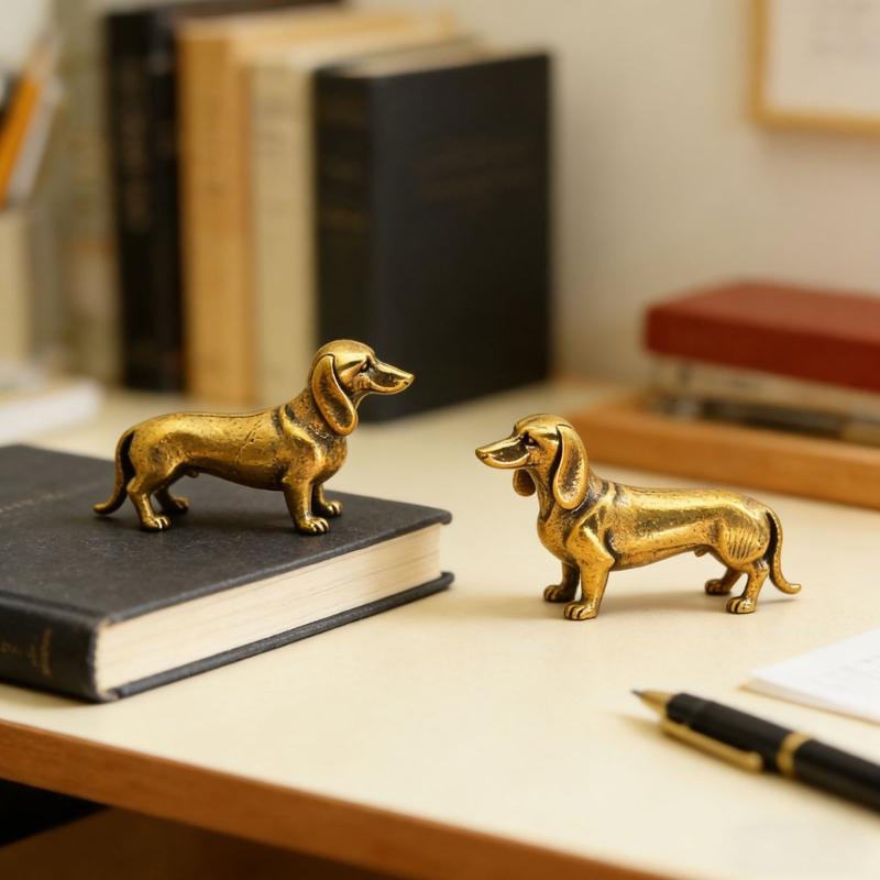Pack of 2 Solid Brasses Gold Dachshund Miniature Figurine Decoration Animal Sculpture For Home Office Desktop Decors Gift