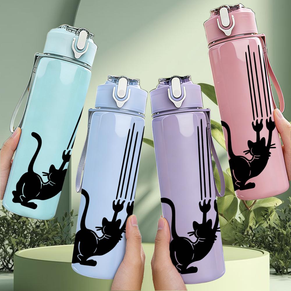 1PC Black Cat Curved Tail Silhouette 750ml Color Plastic Sports Water Bottle Leakproof Flip Straw Lid Suitable for Sports Office Home Use