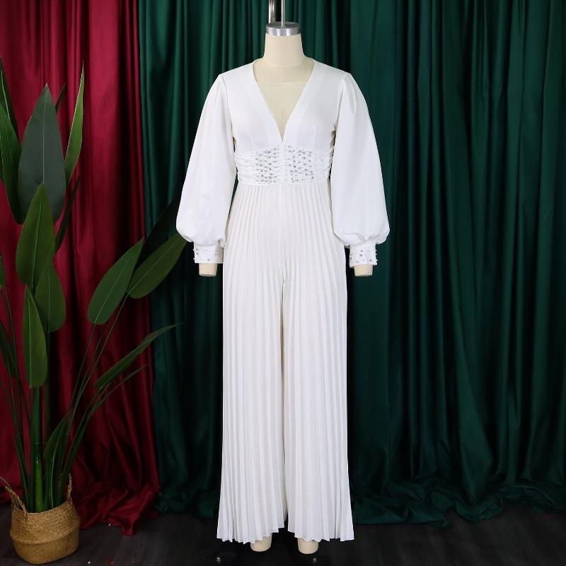 Damen Herbst Perlen Mesh Mode Lässig Lose Weite Bein Jumpsuit