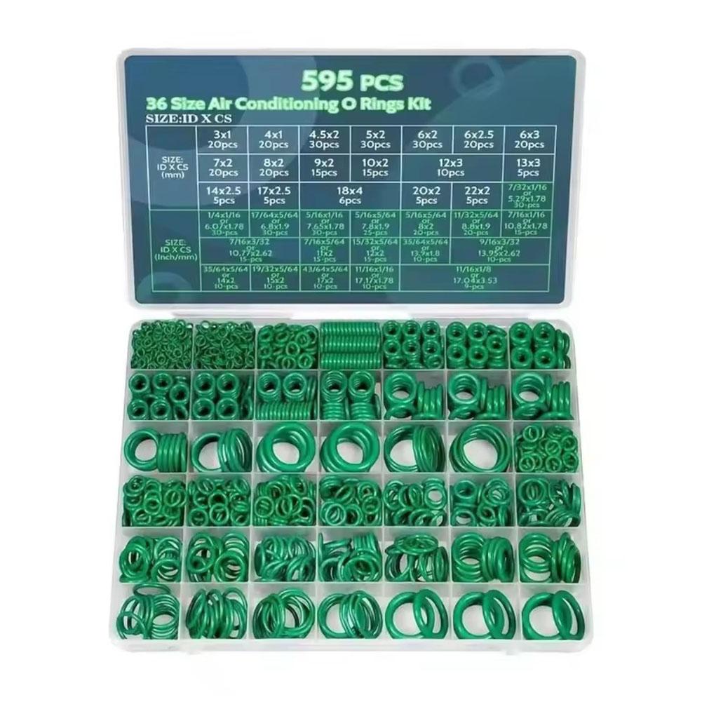 

595pcs Air Conditioning O Ring Kit, 36 Size Seal Rubber O-Rings Assortment Set for Compressor Automotive A/C Plumbing Repair зелений