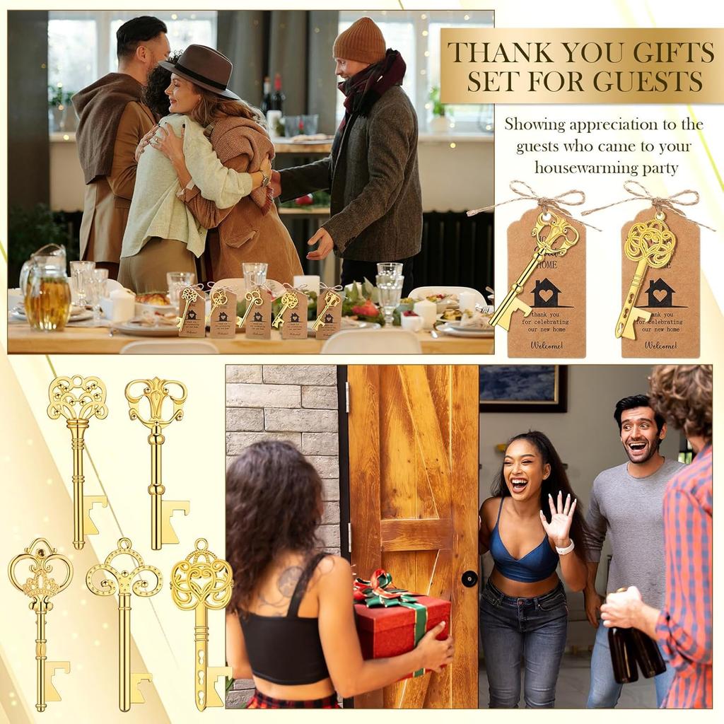 50 Sets Housewarming Skeleton Key Bottle Opener with Tags and Jute Rope Retro Skeleton Key Opener Home Sweet Home Party Favors for House Warming