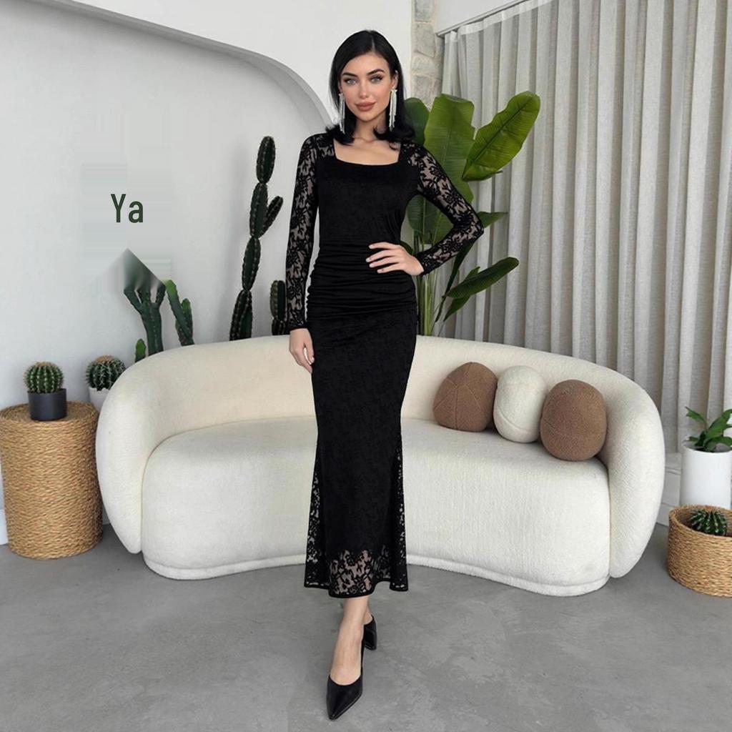 Autumn Winter Women's Elegant Lace Square Neck Pleated Long Dress