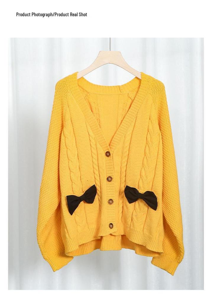 Zhang Yuqi Style Loose Bow Knit Cardigan - Women's Spring Casual Sweater