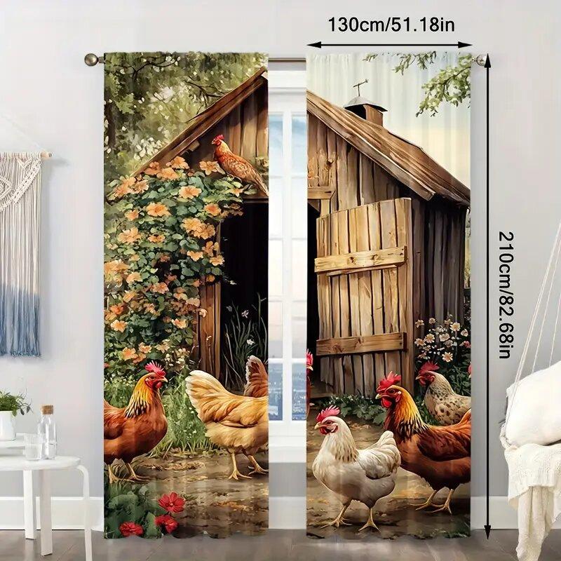 Set Of 2 Retro Country Style Chicken Coop Patterns Printed Curtains Window Decorations Home Room Made Polyester