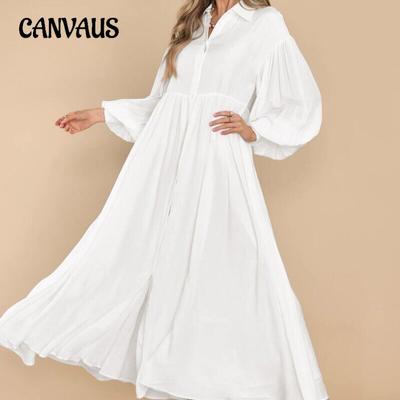 Spring and Autumn Women's Plus Size Casual Solid Colour Button Lapel Pleated Long Sleeve Extra Long Dress