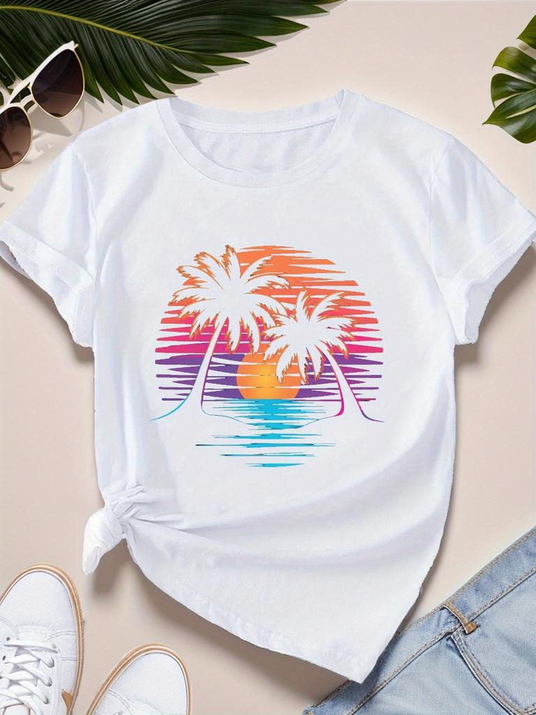 Palm Sunset Womens Sports Short Sleeve TShirt Harajuku Short Sleeve Casual Clothing Street Tops Tees Aesthetic Clothes