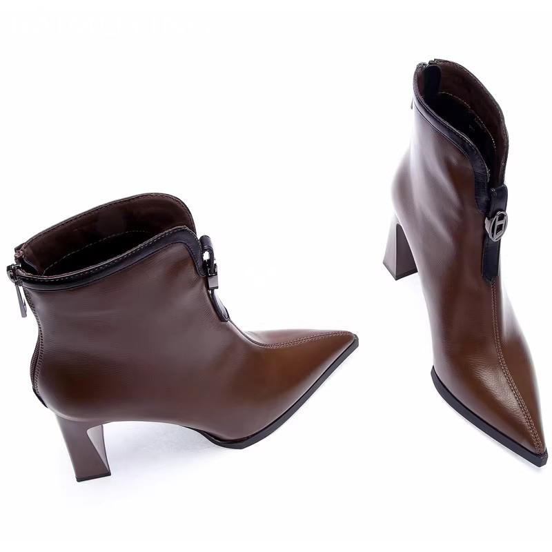 Läder Spetsig Tå Dam Snö Ankelstövlar Höga Klackar Sexiga Skor Chunky Designerstövlar Trend Pumps Vinter Botas De Mujer