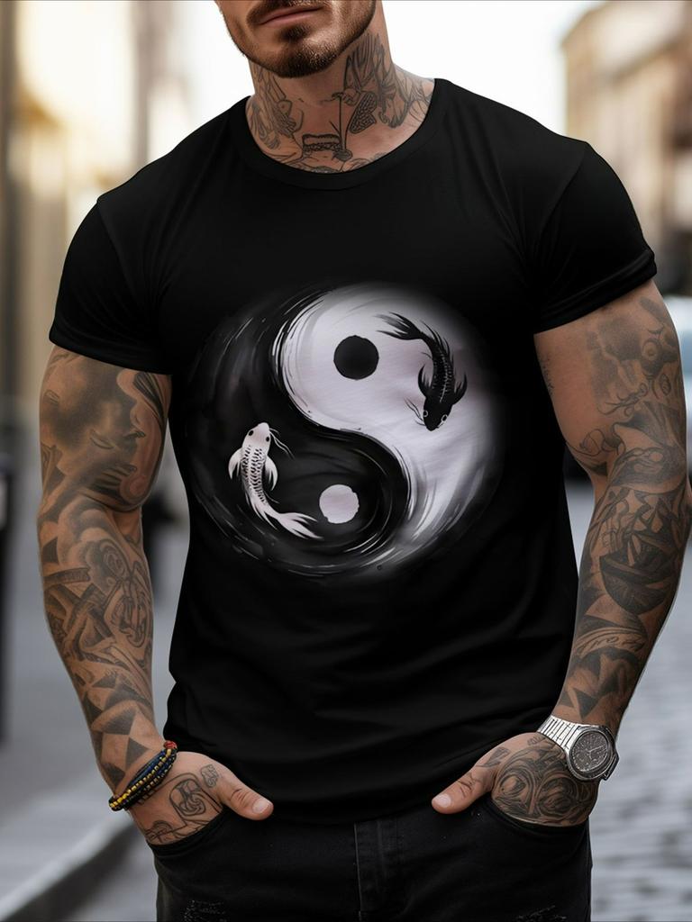 Yin Yang Koi Fish pattern design -100% cotton summer O-neck short sleeve casual printed men's T