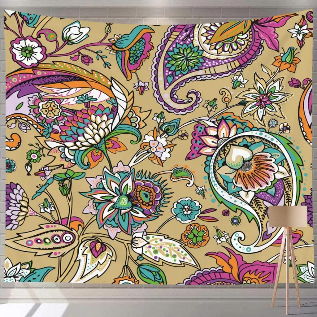 Ethnic Tapestry Colorful Flowers Paisley Motifs Style Nature Doodle Tapestry Wall Hanging Decor for Bedroom Living Room Dorm