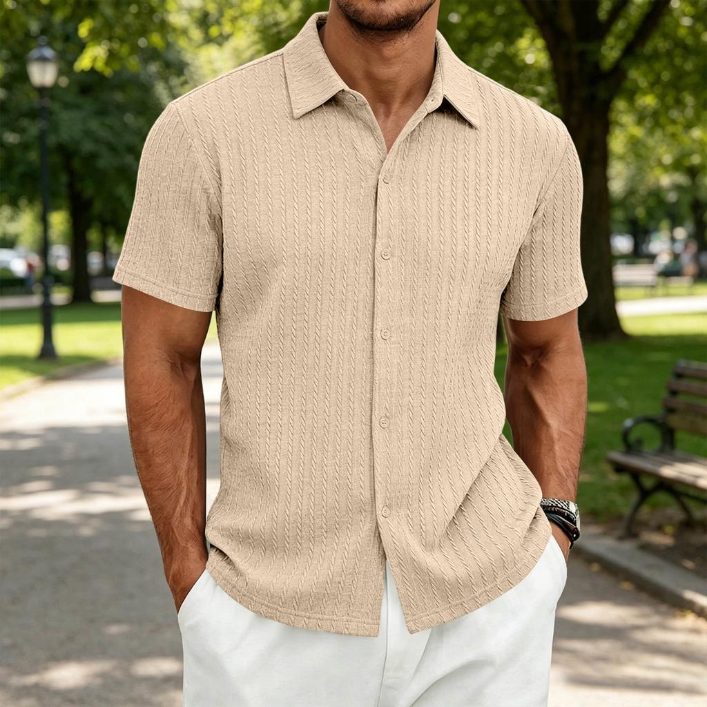 Men's Textured Knit Short Sleeve Shirt Casual Simple Button Down Polo Collar Shirt Summer Lightweight Breathable Fabric