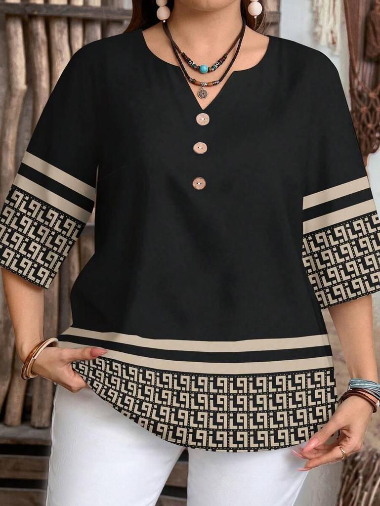 Plus Size Women's Casual V-Neck Buttoned Loose 3/5 Sleeve All-Over Print Shirt for Spring/Summer