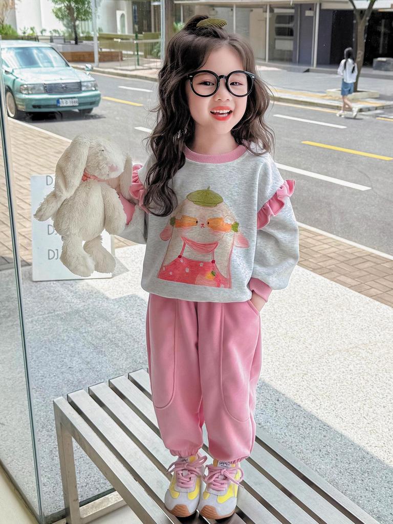 Girls' Sweet Cartoon Sweatshirt Set - Spring/Autumn Fashion Two-Piece Casual Outfit.