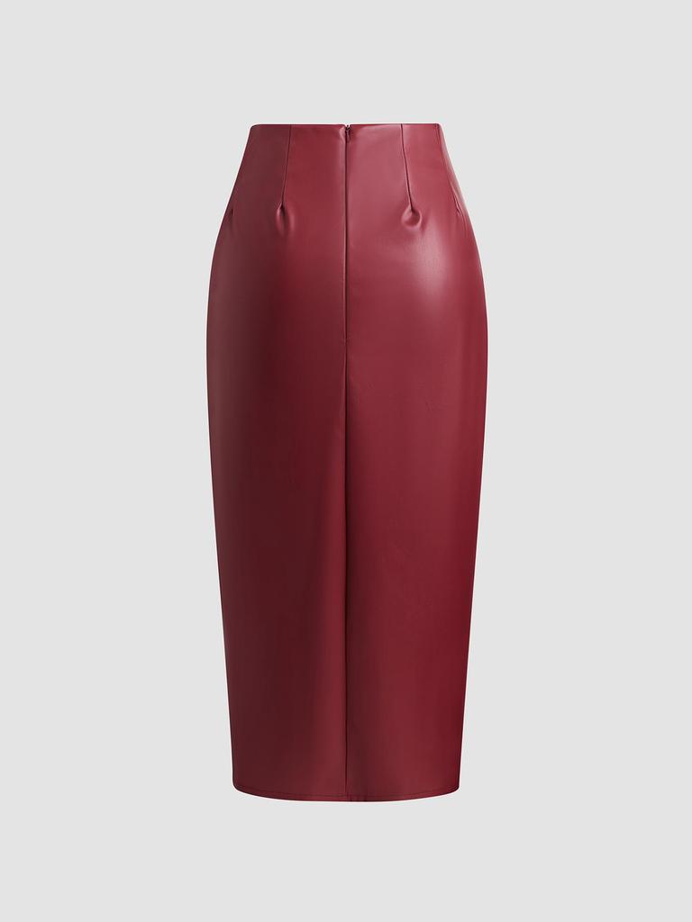 Solid Color PU Leather High Waist Ruched Midi Skirt with Drawstring Slit