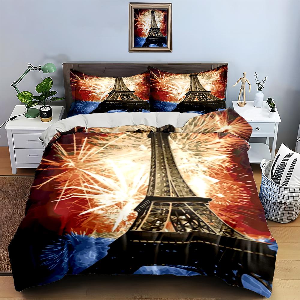 Eiffel Tower fireworks Bedding Duvet cover sets Duvet covers Pillowcases gifts (1 * Duvet Cover 2 * Pillowcases, without duvet insert)