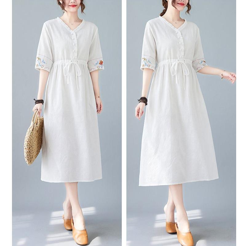 Summer New Fashion Vestidos Women Casual Elegant Cotton Ramie Embroidery Loose Plus Size Vintage Beach Midi Dress M-2XL