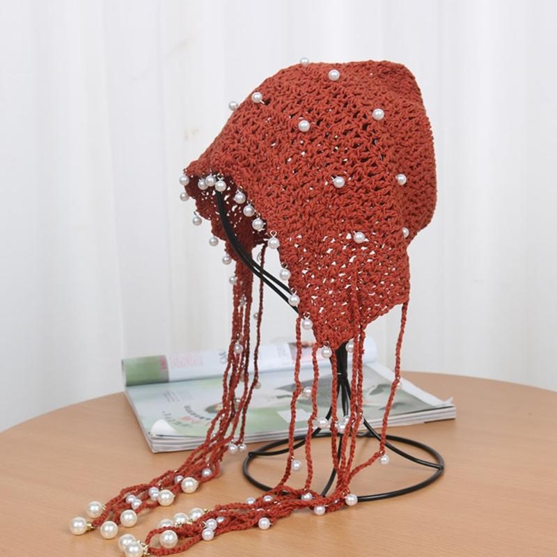 Elegant Pearls Beanie Hat Breathable Hat Y2K Crochet Beanie Hat Holiday Y2K Crochet Hat Encrusted Pearls