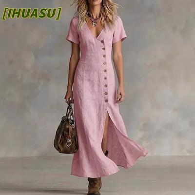 Modne letnie wiosenne jednokolorowe nadrukowane sukienki casualowe z krótkim rękawem i dekoltem w serek Unikalny design