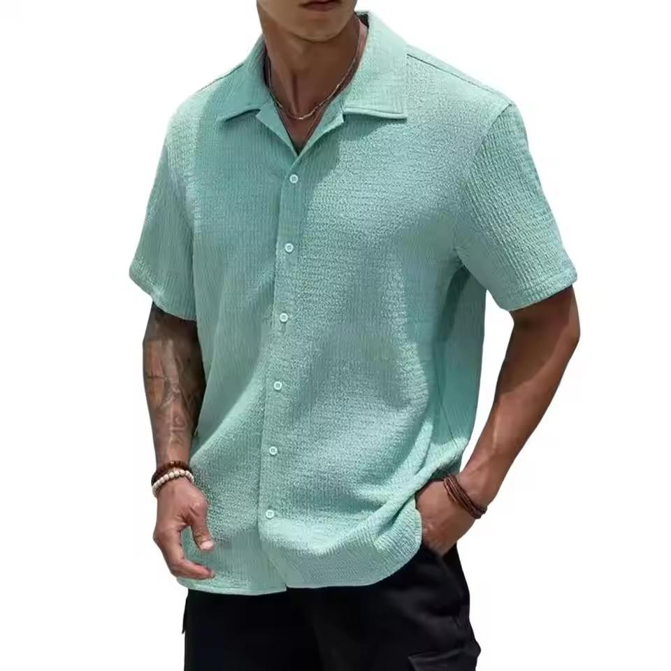 Men Business Shirt Men Solid Color Shirt Men's Summer Button-down Cardigan with Turn-down Collar Short Sleeves Loose