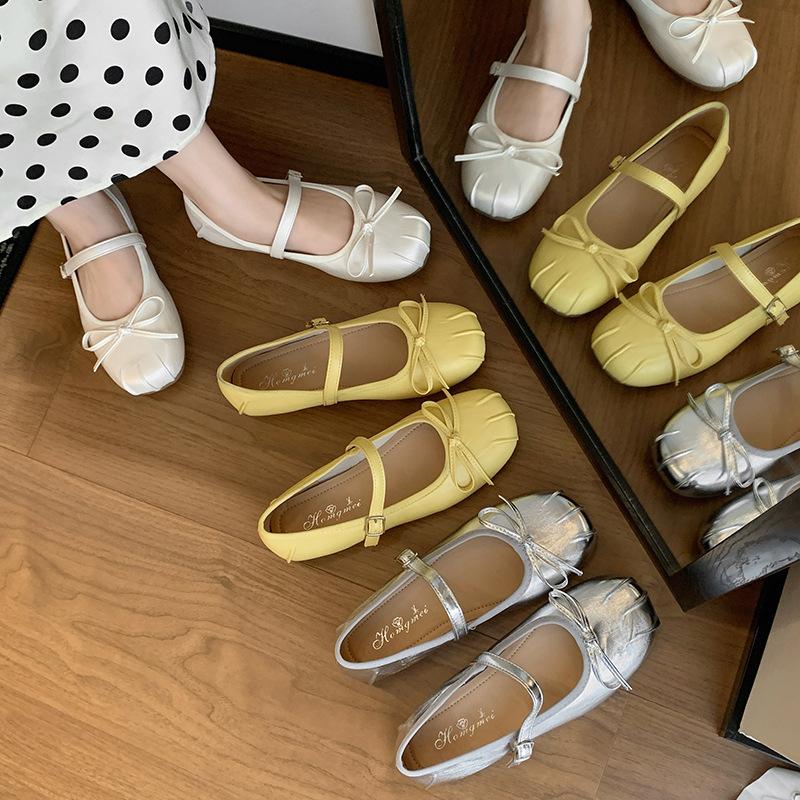 Silver bow ballet inner height-increasing single shoes for women's 2025 summer new soft flat one-pedal beanie shoes