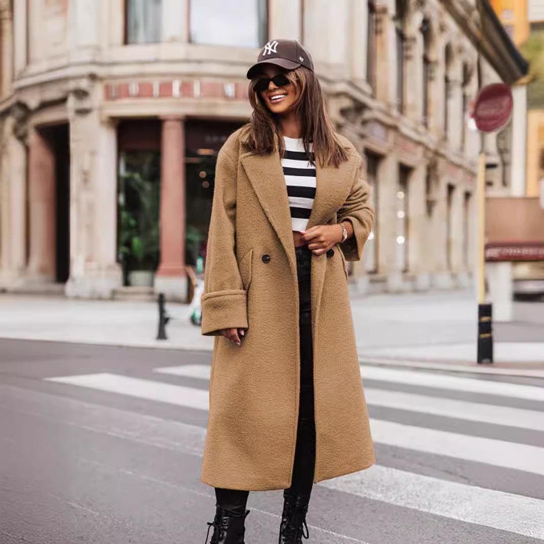 

Женское длинное шерстяное пальто осень-зима, теплое пальто длиной до колена с заостренными лацканами, классическая элегантная верхняя одежда S хаки